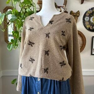 Vtg‎ 90s CD Petites Sz M Cottagecore Chunky Long Sleeve Floral Embroidery Earthy